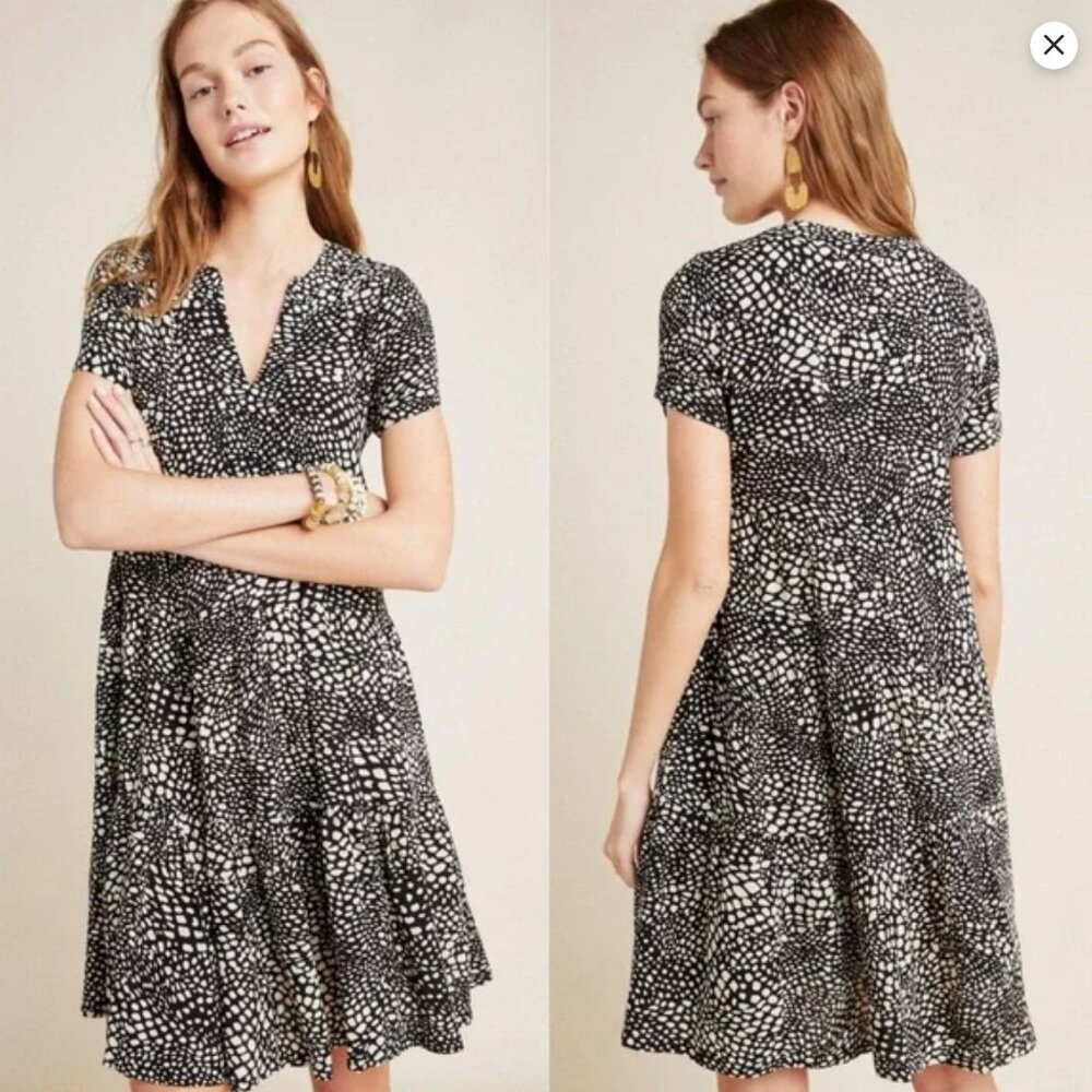 Anthropologie maeve v-neck Sacha printed black and white tiered babydoll dress